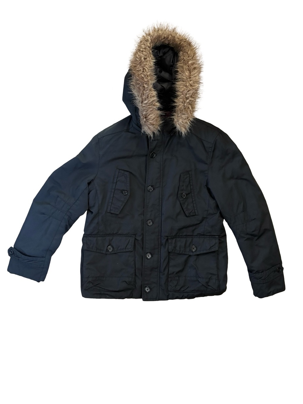 Zara Man Black Parka Jacket with Faux-Fur Hood - size XXL